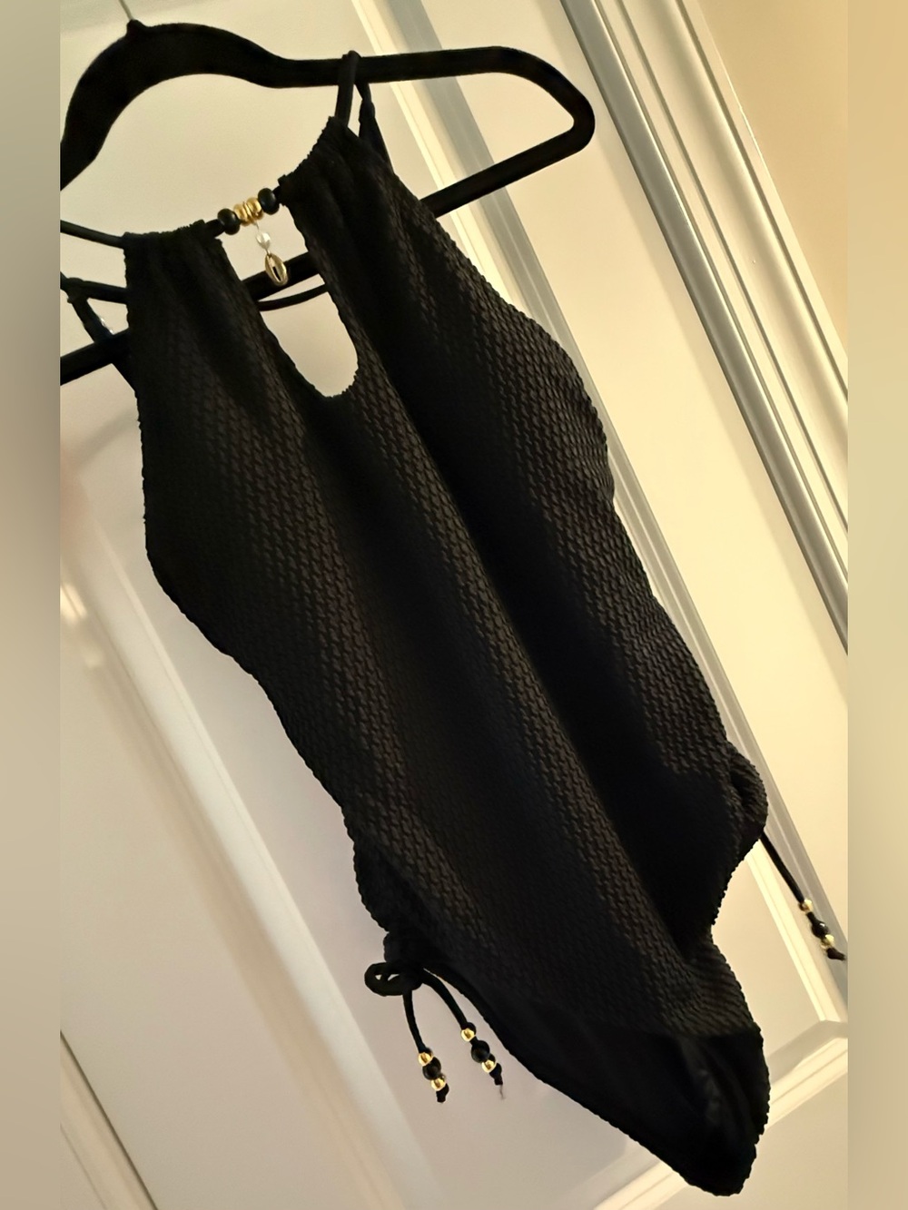 NWT CUPSHE Black High Neck One Piece Textured Swimsuit w/ Adornments Medium - Picture 8 of 14